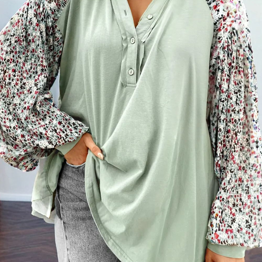 Printed Notched Long Sleeve Blouse