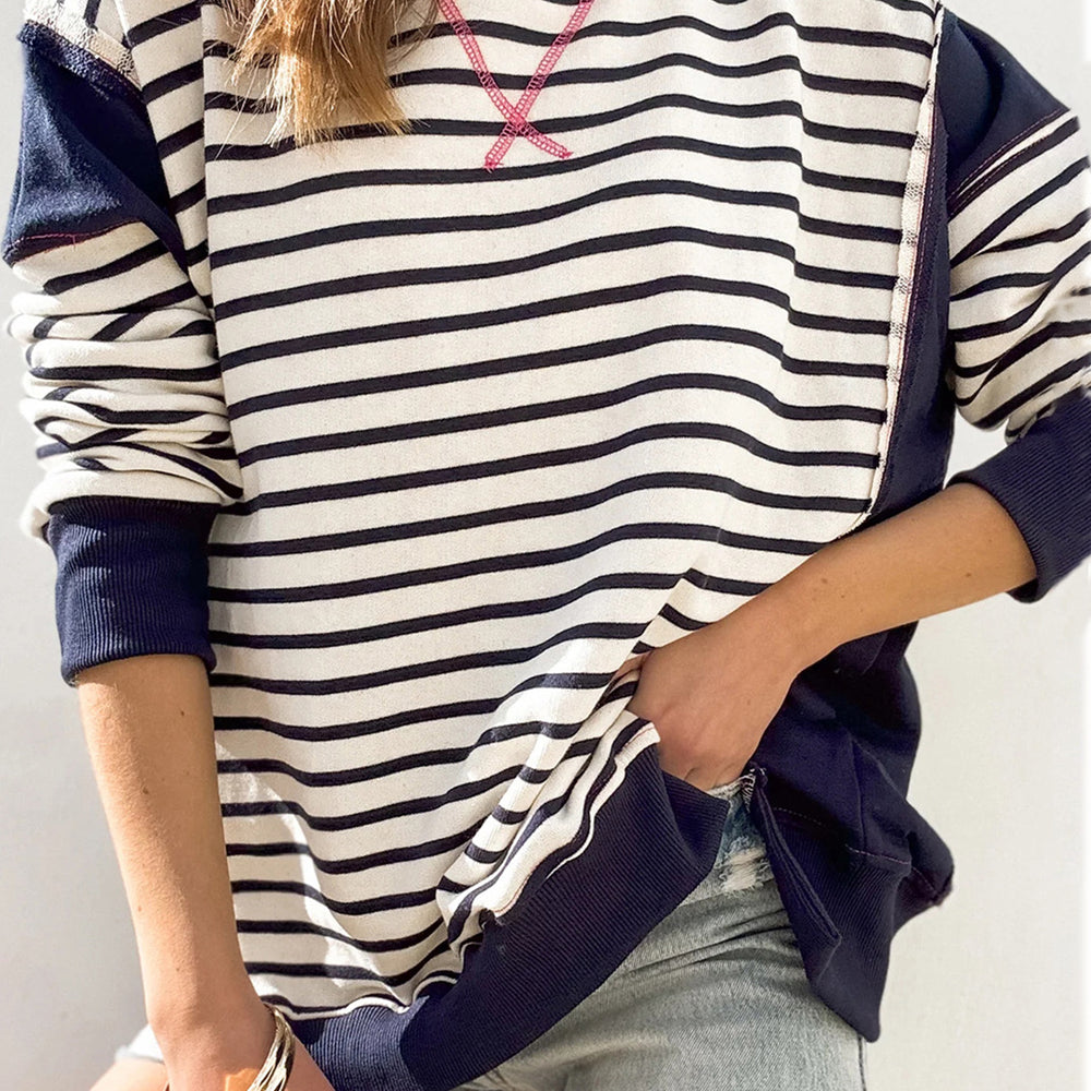 
                      
                        Slit Exposed Seam Striped Long Sleeve Sweatshirt
                      
                    