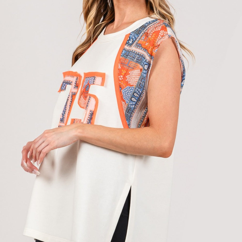 
                      
                        Patch Print Side Slit Sleeveless Top
                      
                    