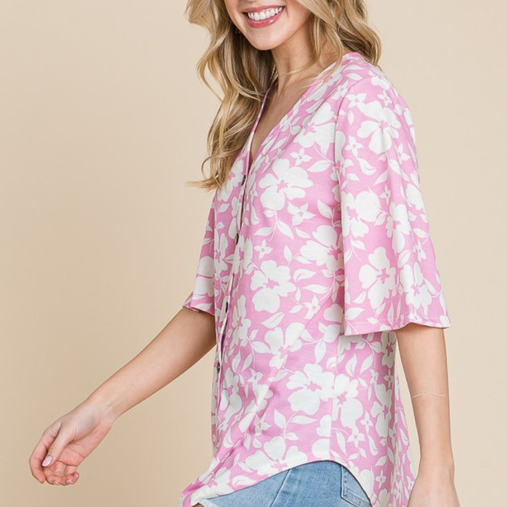 
                      
                        Floral Decorative Button V-Neck Top
                      
                    