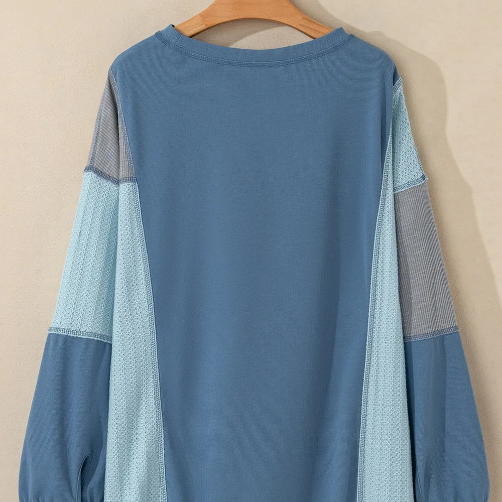 
                      
                        Patchwork Color Block Round Neck Long Sleeve Top
                      
                    