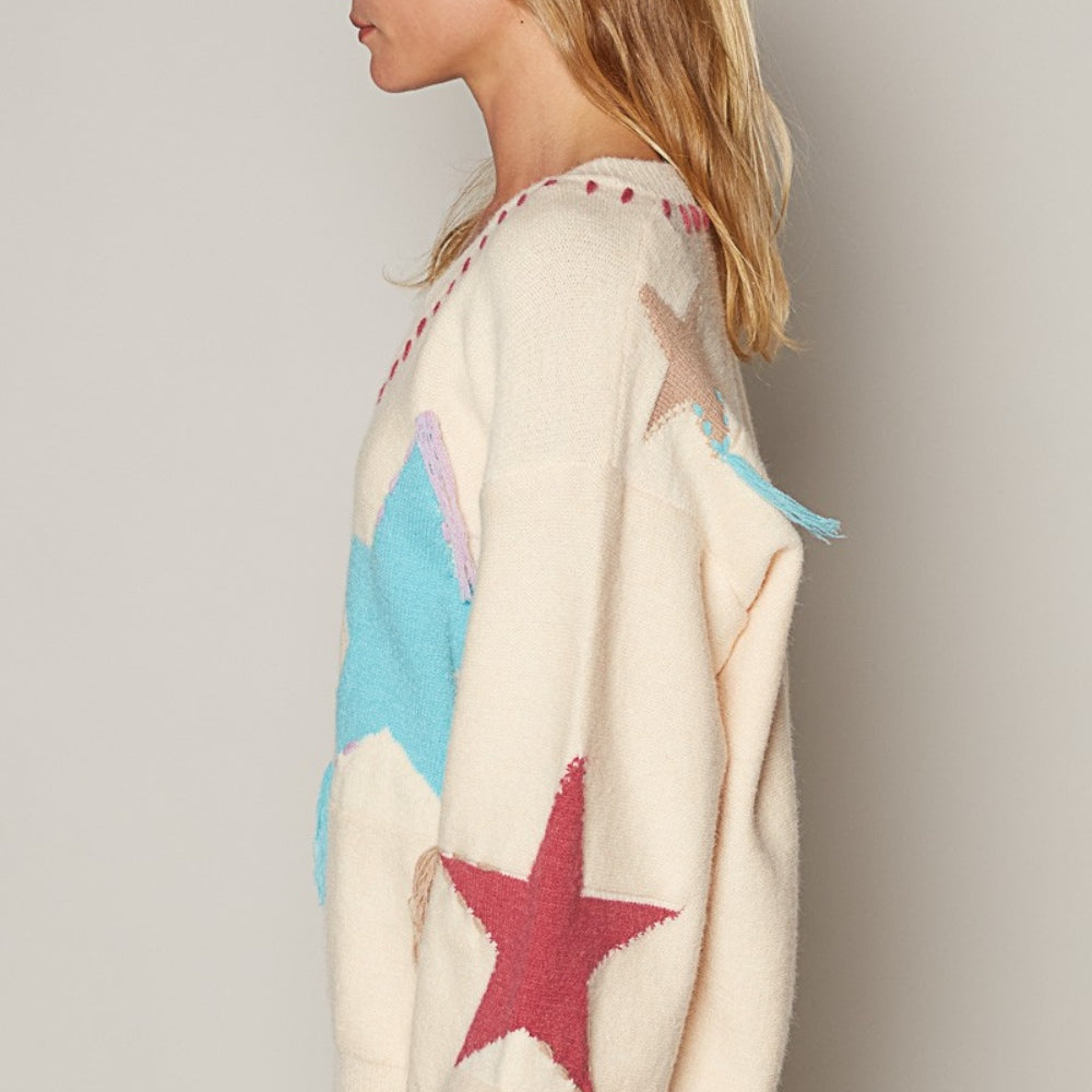 
                      
                        V-Neck Long Sleeve Star Fringe Sweater
                      
                    