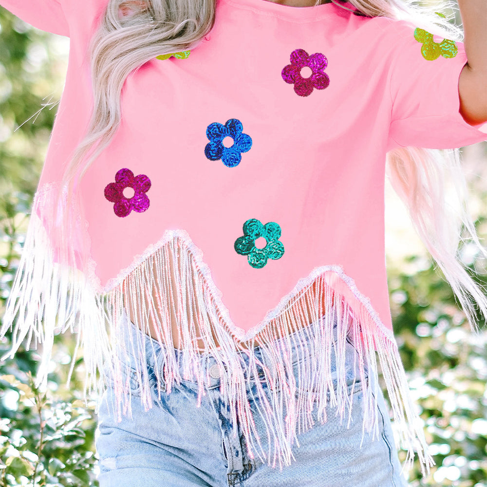 
                      
                        Sequin Flower Round Neck Half Sleeve T-Shirt
                      
                    