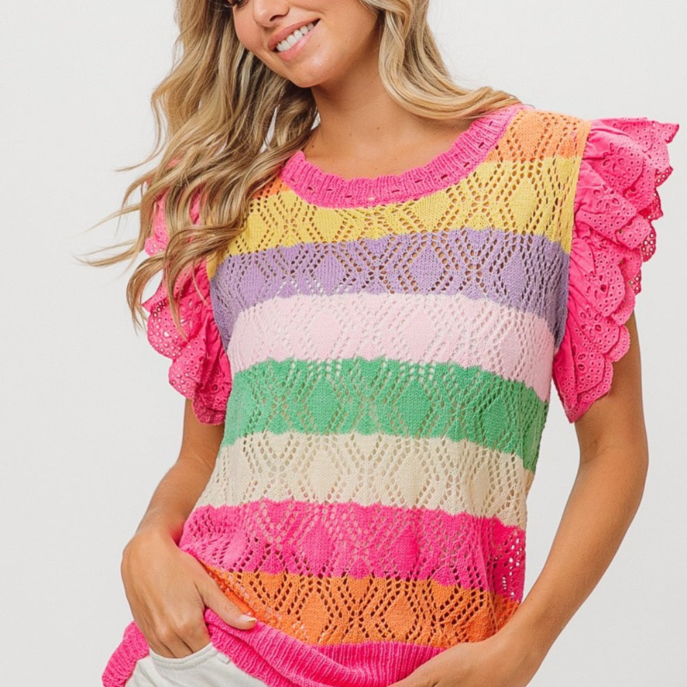 Pointelle Striped Ruffled Knit Top