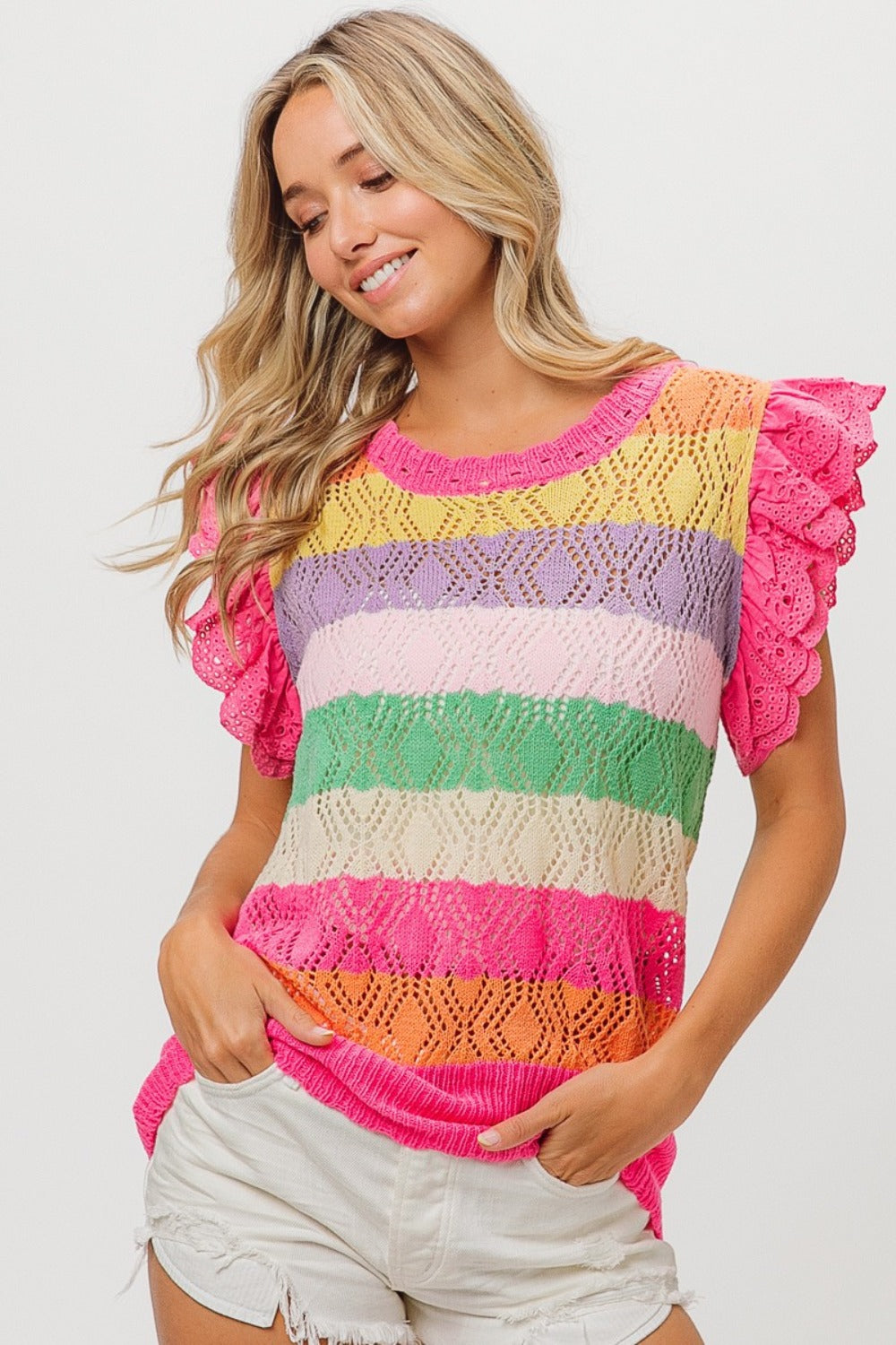 Pointelle Striped Ruffled Knit Top