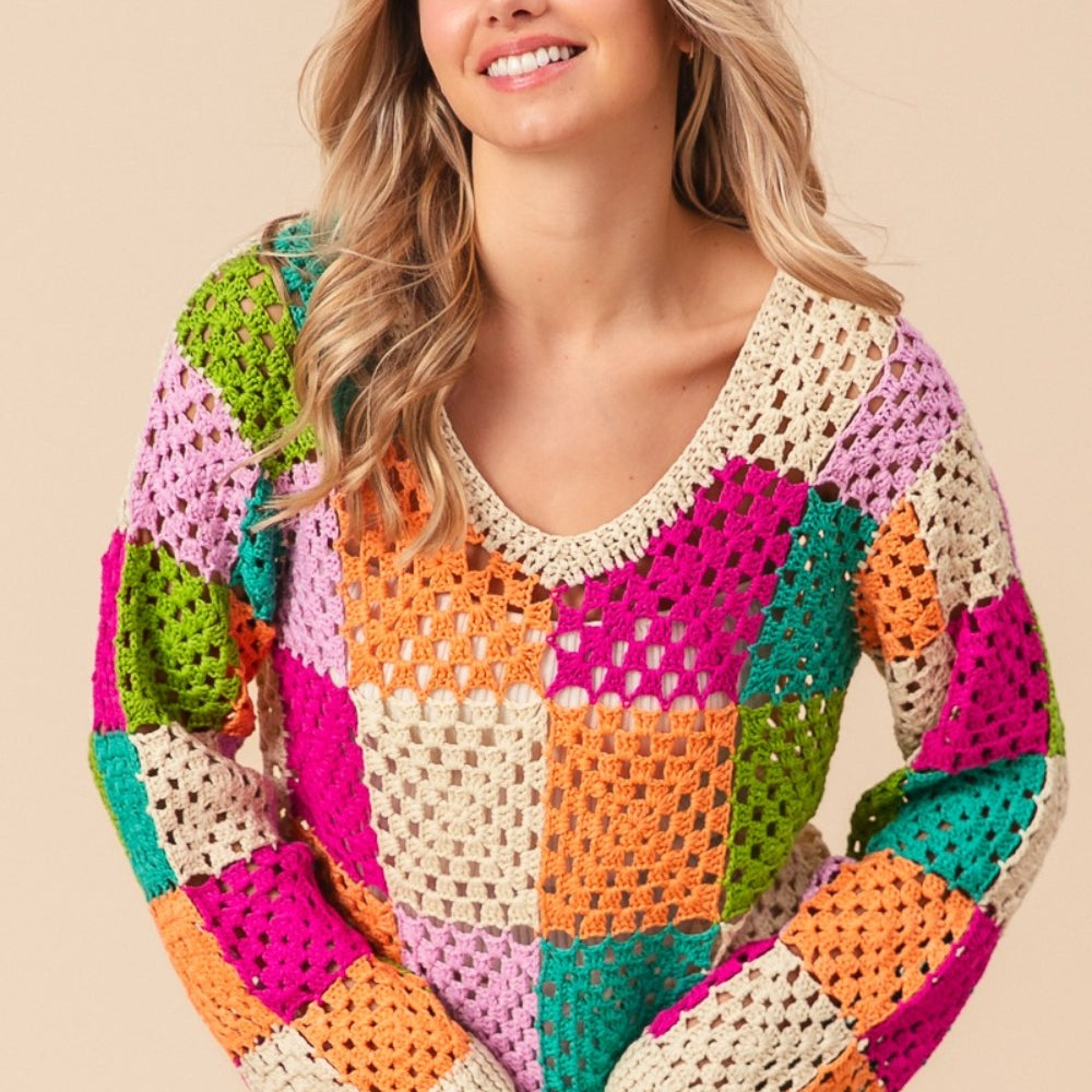 
                      
                        Multi Color Checkered Long Sleeve Knit Top
                      
                    