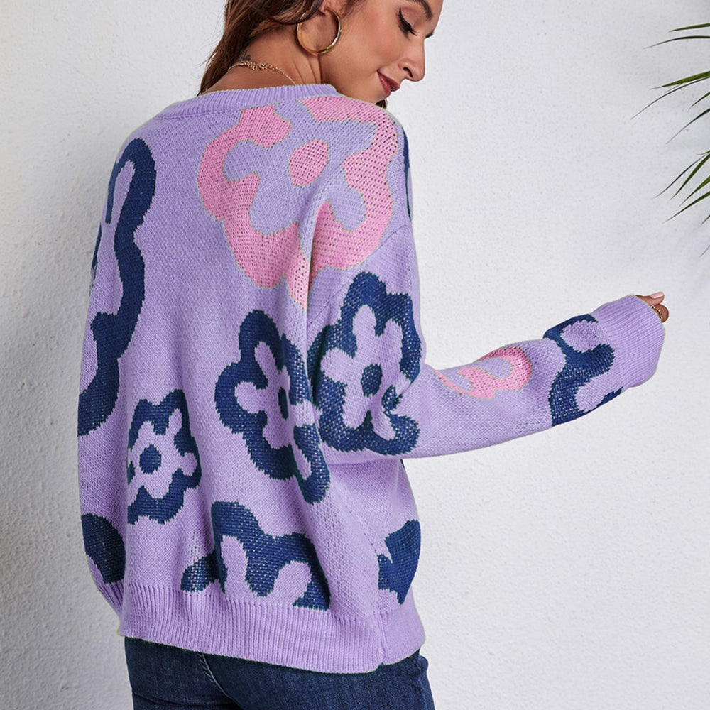 
                      
                        Flower Pattern Round Neck Long Sleeve Sweater
                      
                    