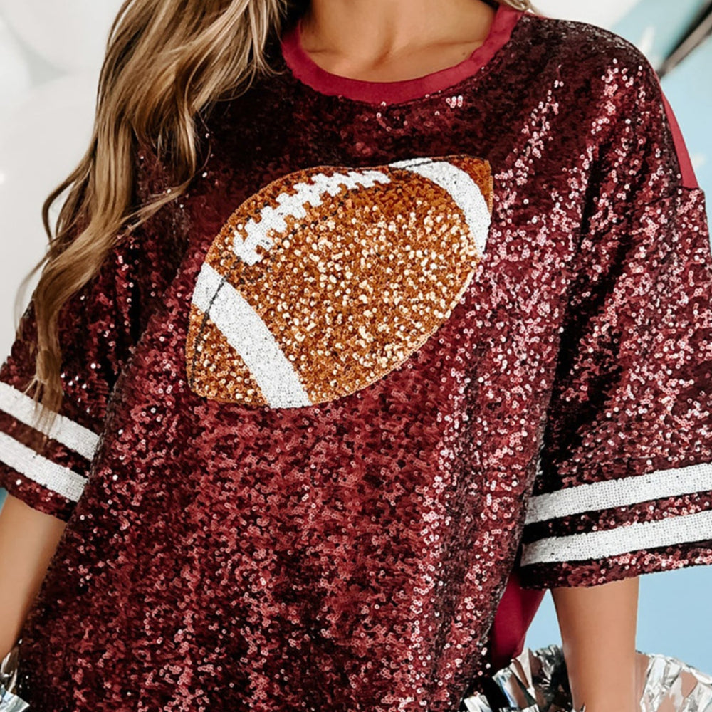 
                      
                        Sequin Football Round Neck Half Sleeve Oversize Top
                      
                    