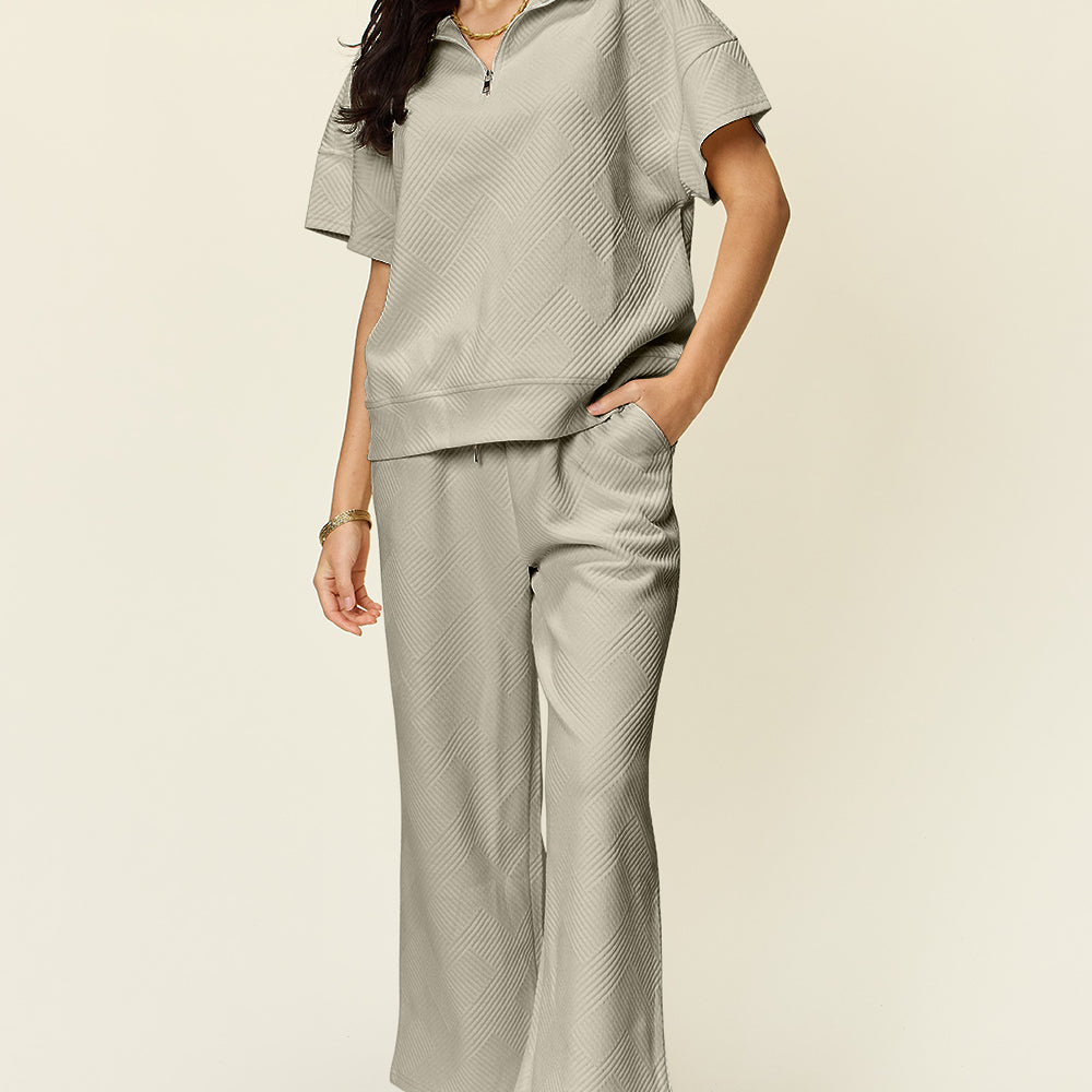 
                      
                        Texture Half Zip Short Sleeve Top and Pants Set
                      
                    