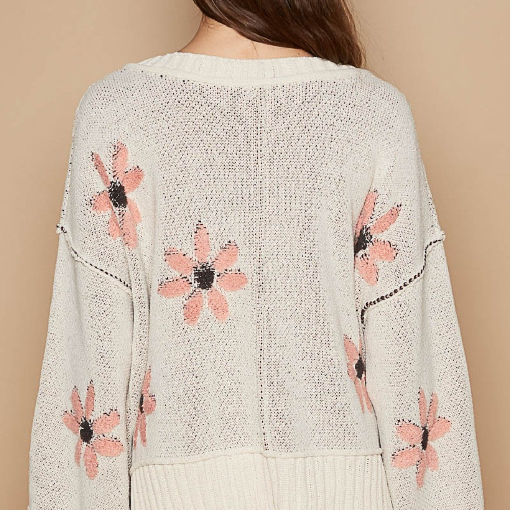 V-Neck Floral Pattern Chenille Sweater