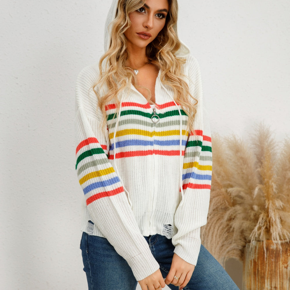 
                      
                        Drawstring Striped Dropped Shoulder Hooded Cardigan
                      
                    