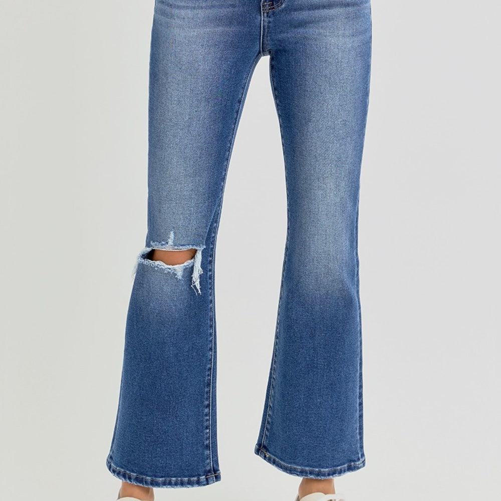 
                      
                        RISEN Distressed High Rise Crop Flare Jeans
                      
                    