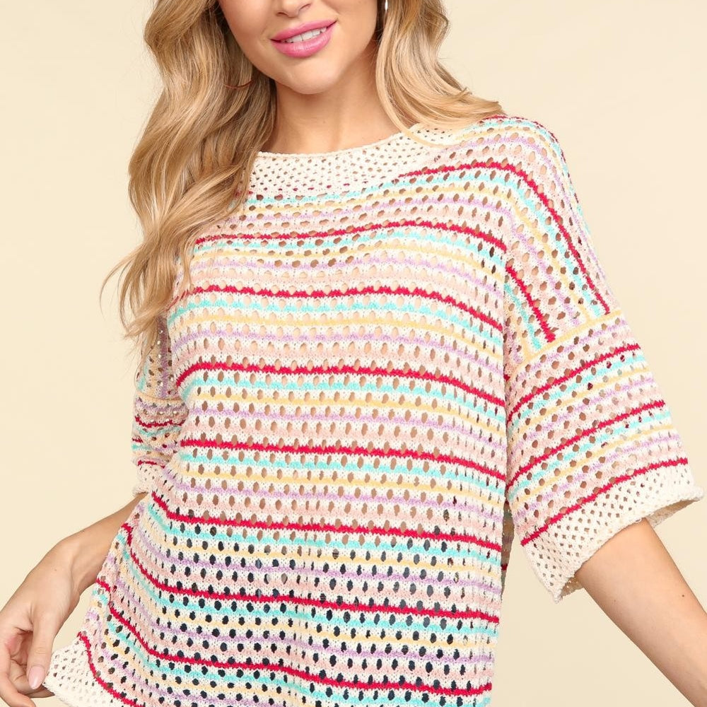 Striped Crochet Drop Shoulder Knit Top