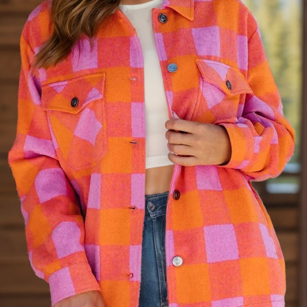 Color Block Plaid Button Up Long Sleeve Jacket