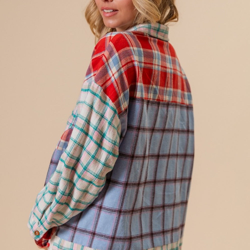 Color Block Plaid Button Down Shirt