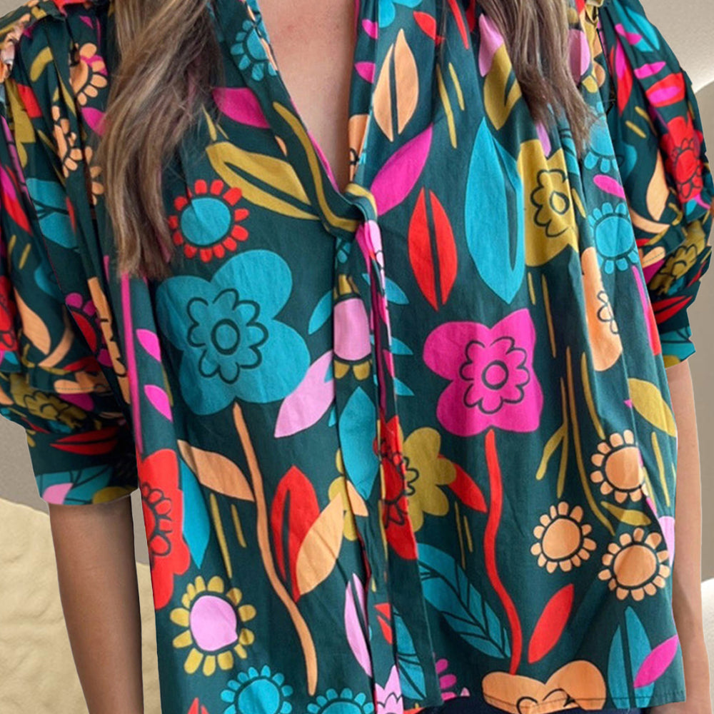 Printed Tie Neck Half Sleeve Blouse