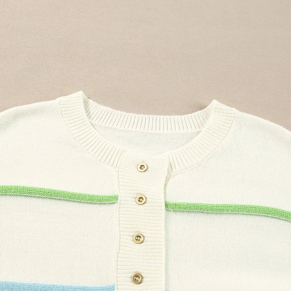 
                      
                        Contrast Striped Half Button Round Neck Sweater
                      
                    