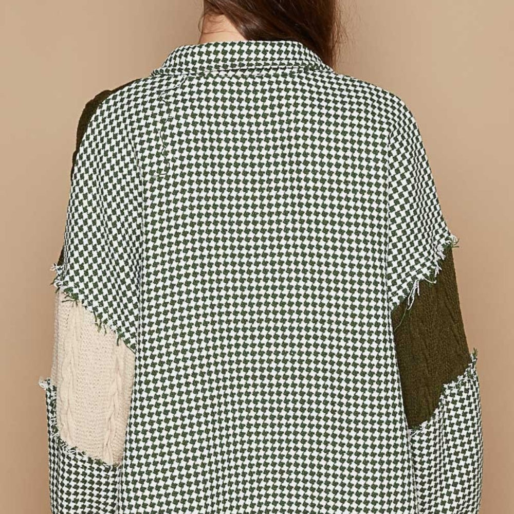 Houndstooth Contrast Cable Knit Pocket Shacket