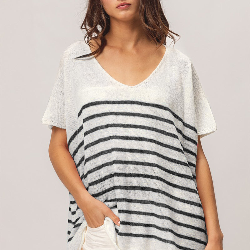 
                      
                        V Neck Striped Short Sleeve Top
                      
                    