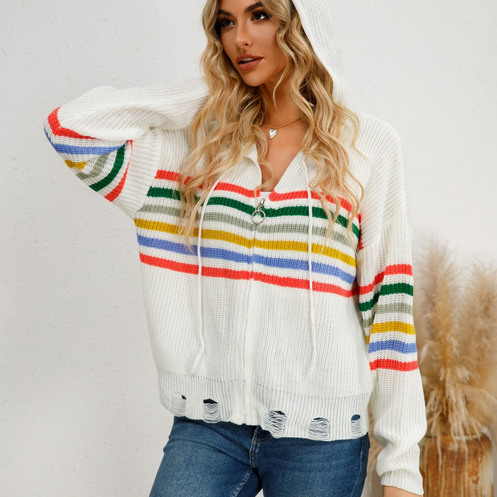 
                      
                        Drawstring Striped Dropped Shoulder Hooded Cardigan
                      
                    