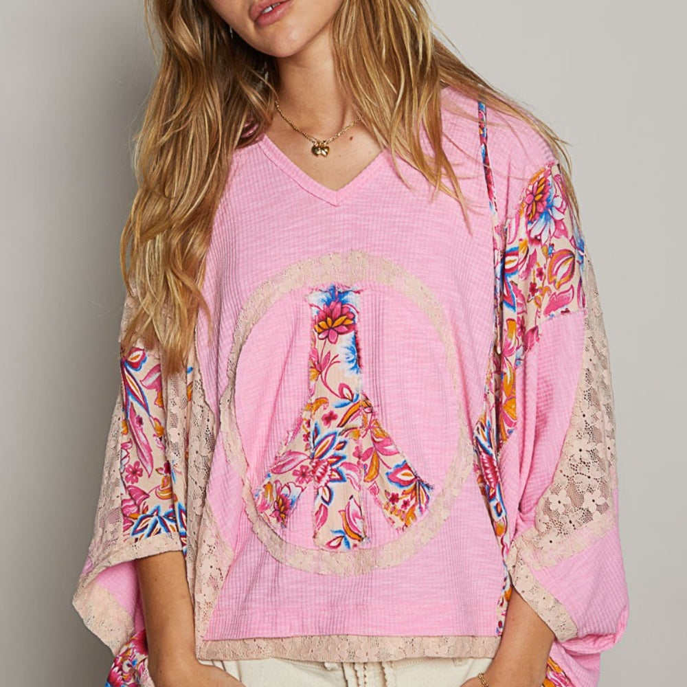 V-Neck Floral Print Peace Patch Lace Hooded Top