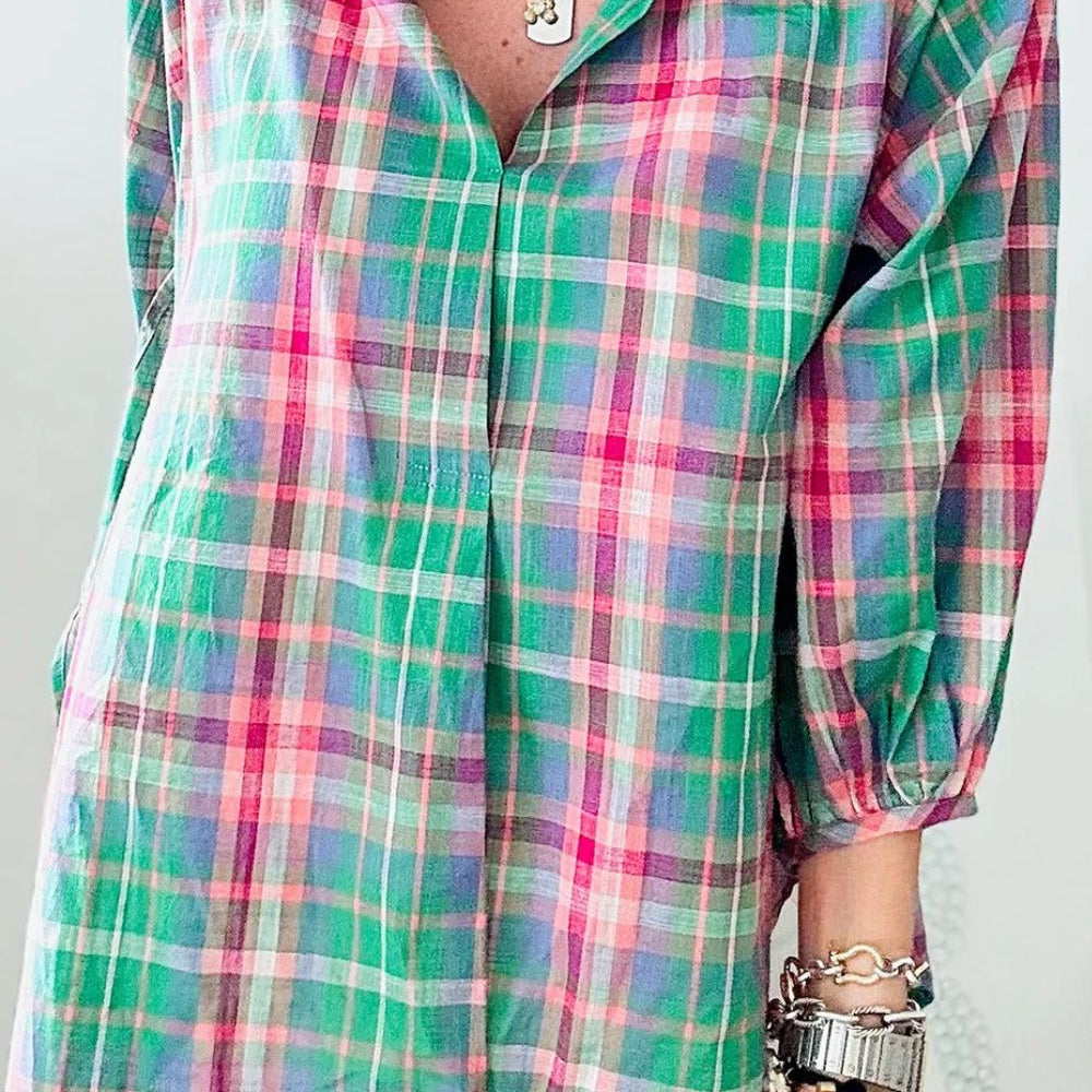 Plaid Collared Neck Three-Quarter Sleeve Blouse