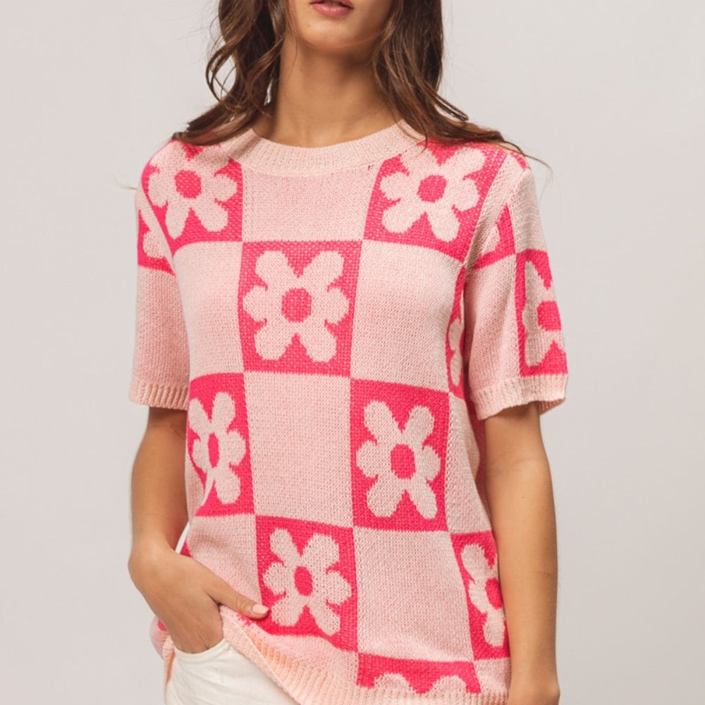 
                      
                        Flower Checker Pattern Short Sleeve Sweater
                      
                    