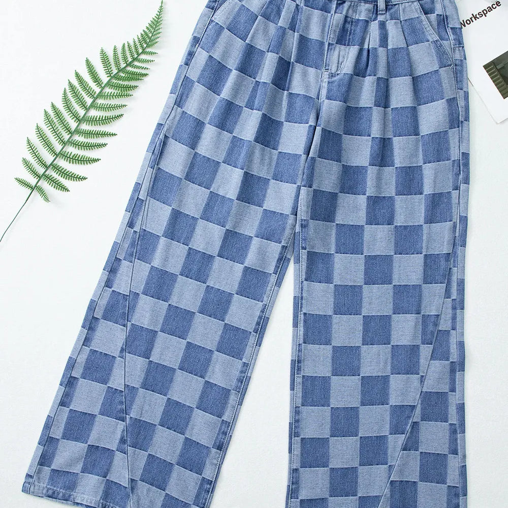 Checkered Wide Leg Jeans with Pockets