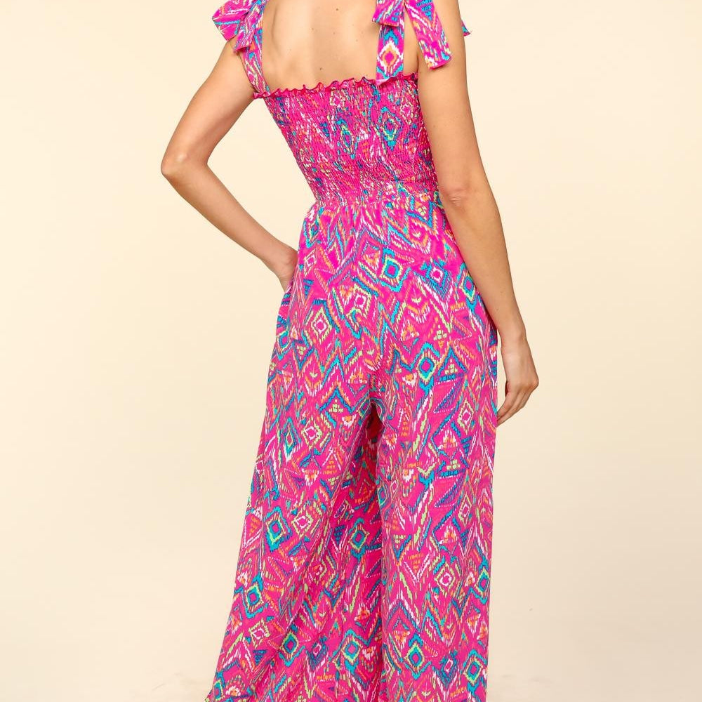 Printed Smocked Sleeveless Jumpsuit