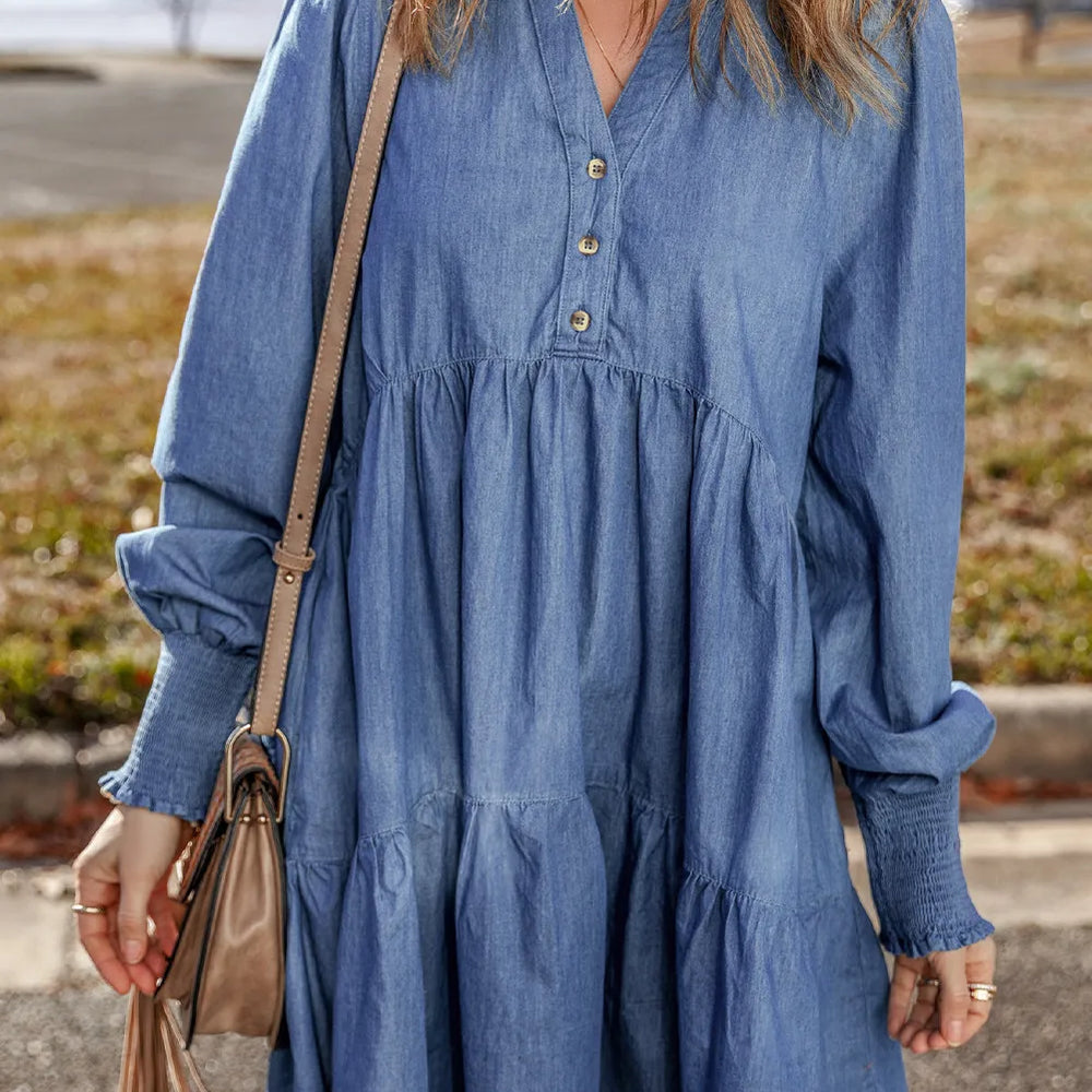 
                      
                        Tiered Johnny Collar Long Sleeve Denim Dress
                      
                    