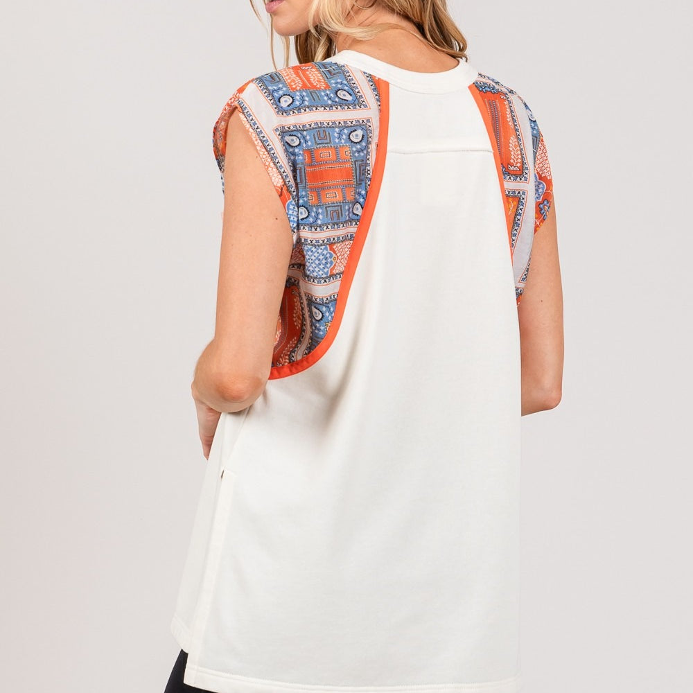 Patch Print Side Slit Sleeveless Top