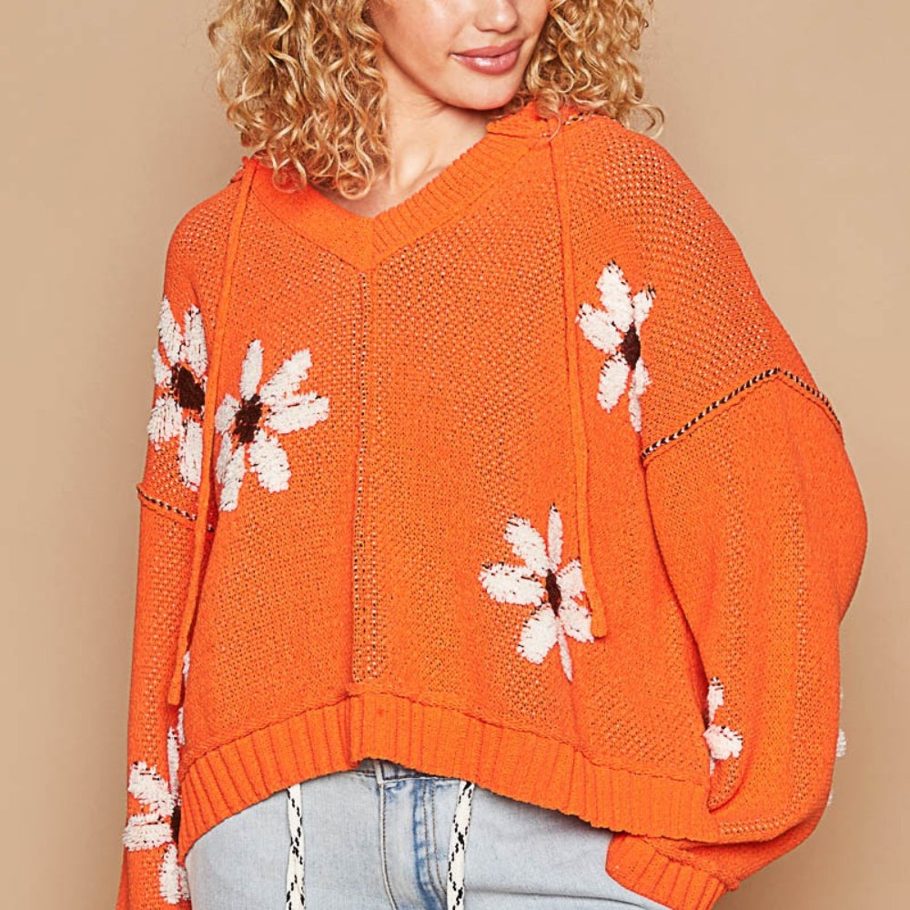 Floral Pattern Hooded High-Low Sweater