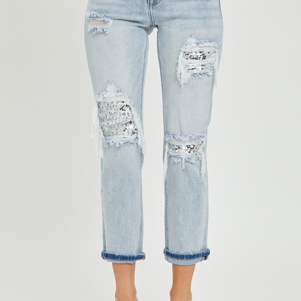 
                      
                        RISEN Mid-Rise Sequin Patched Jeans
                      
                    