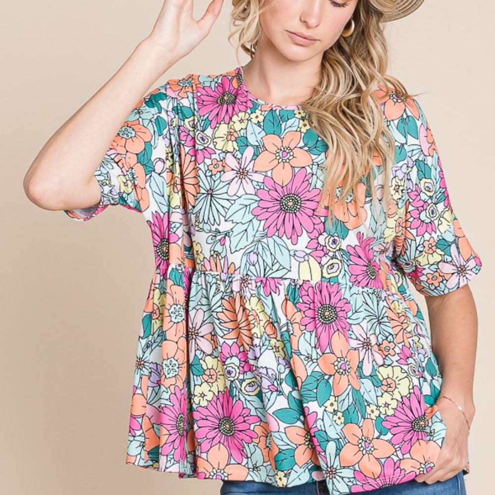 Floral Round Neck Short Sleeve Blouse