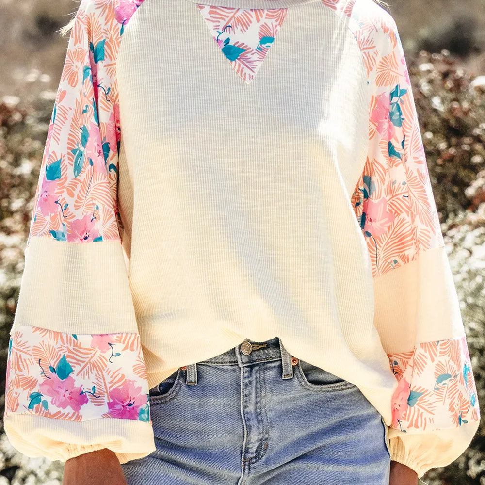 Printed Round Neck Balloon Sleeve Blouse