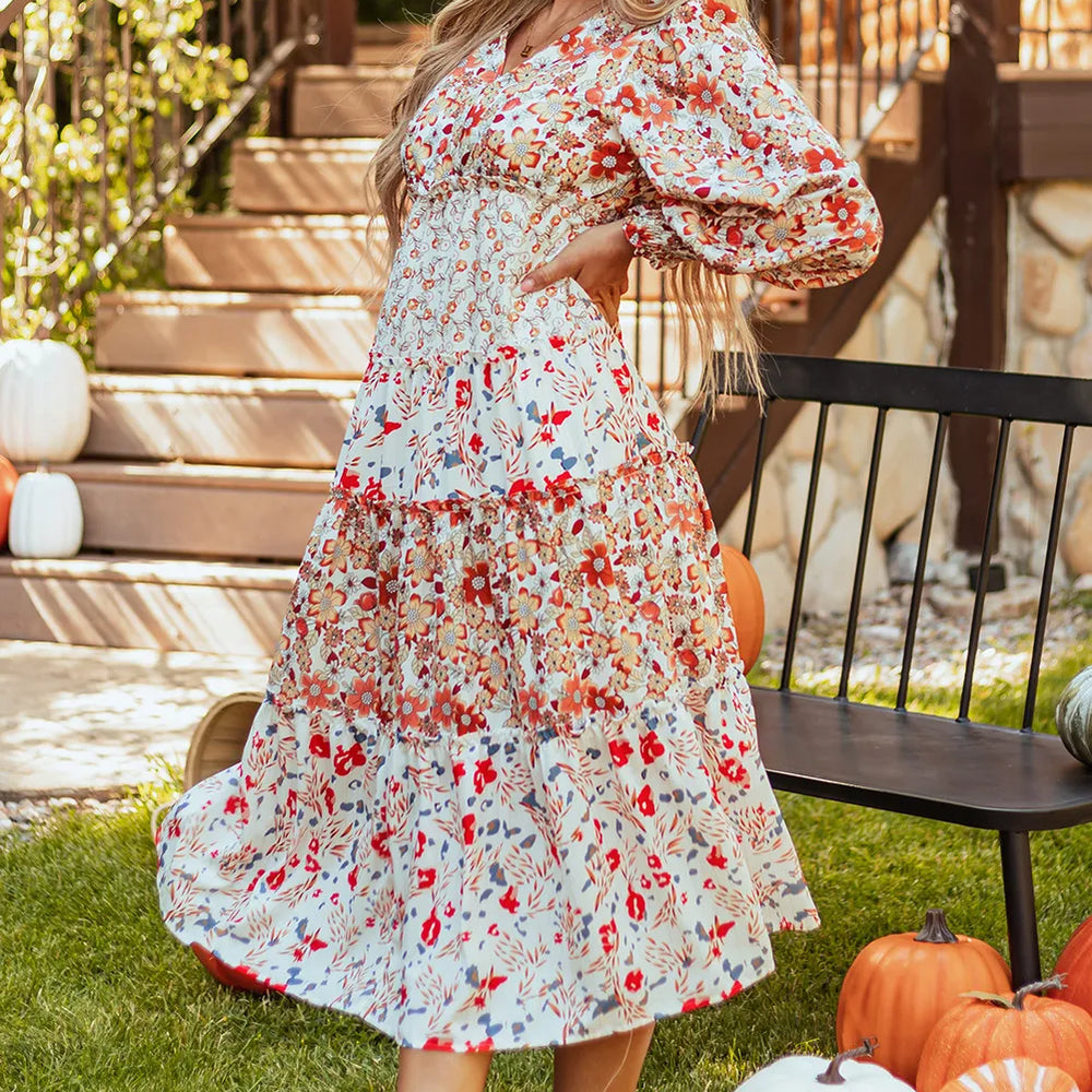 
                      
                        Printed V-Neck Lantern Sleeve Midi Dress
                      
                    