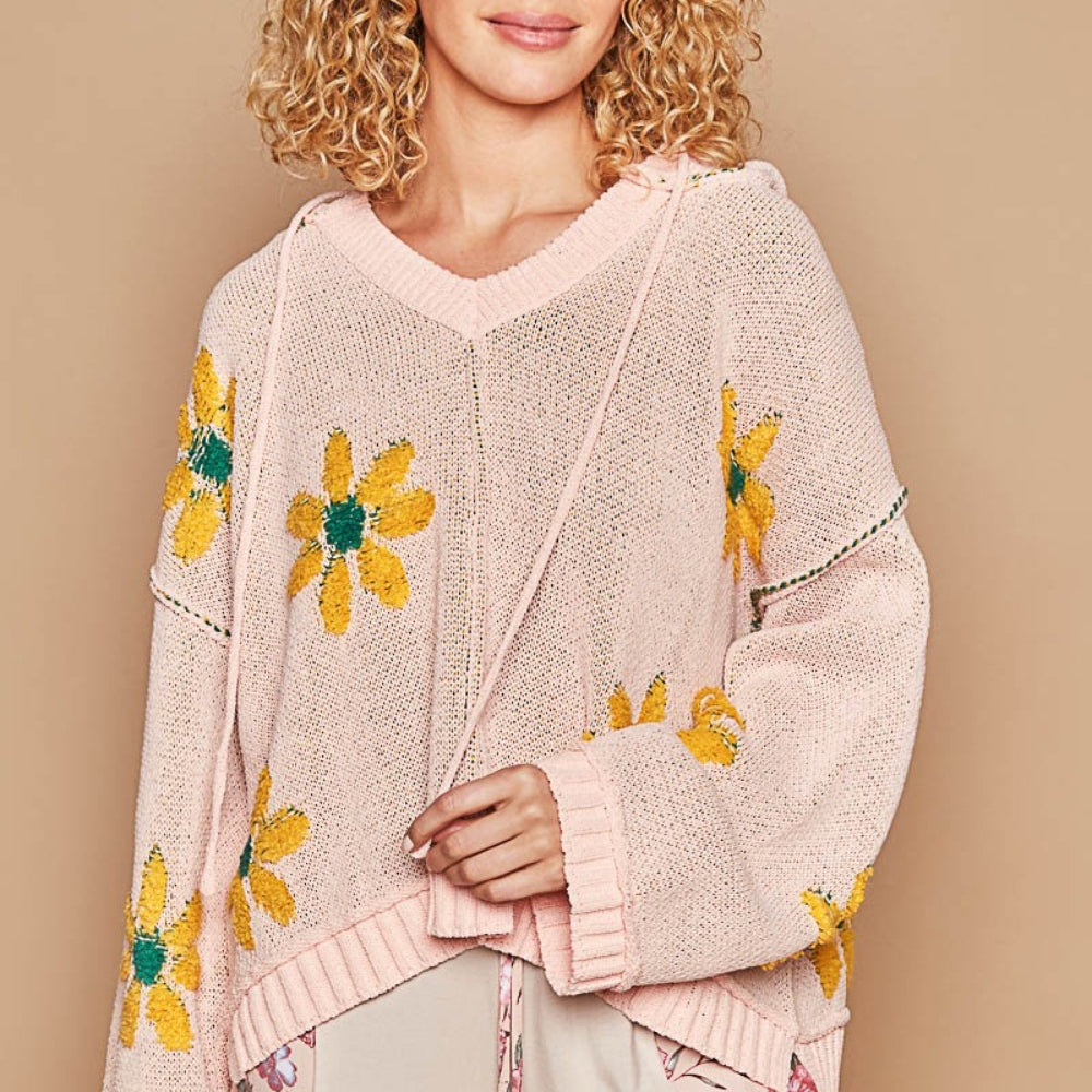 Floral Pattern Hooded High-Low Sweater