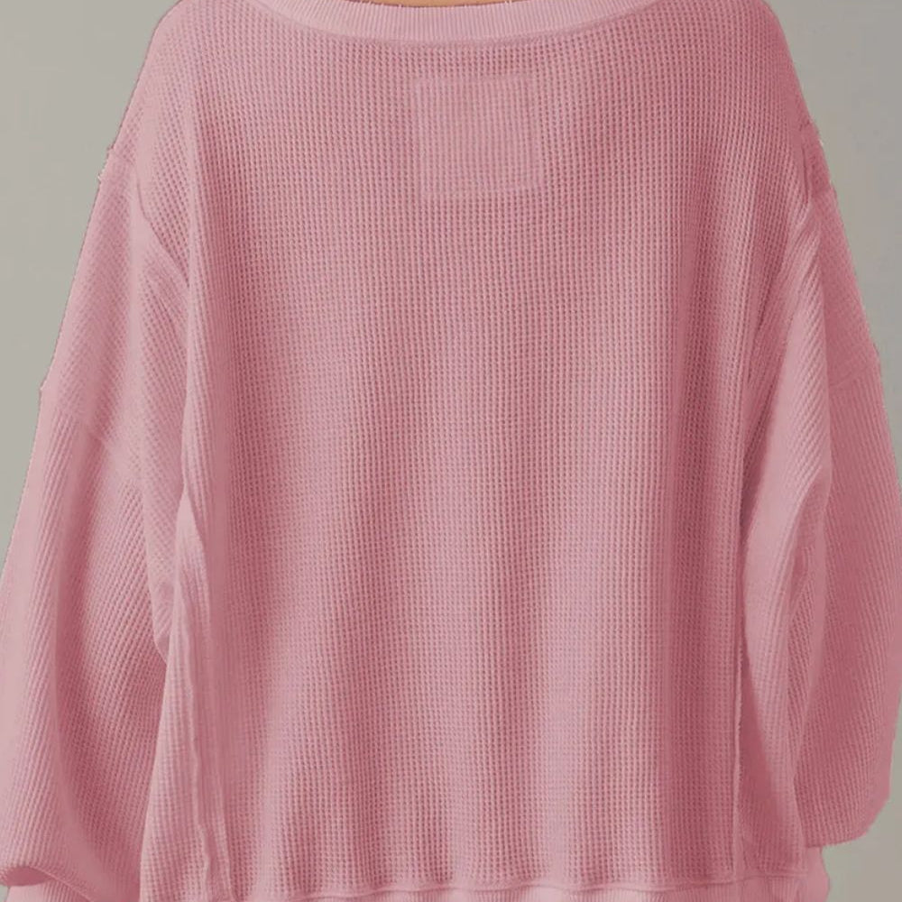 
                      
                        Slit Waffle-Knit Round Neck Long Sleeve Top
                      
                    