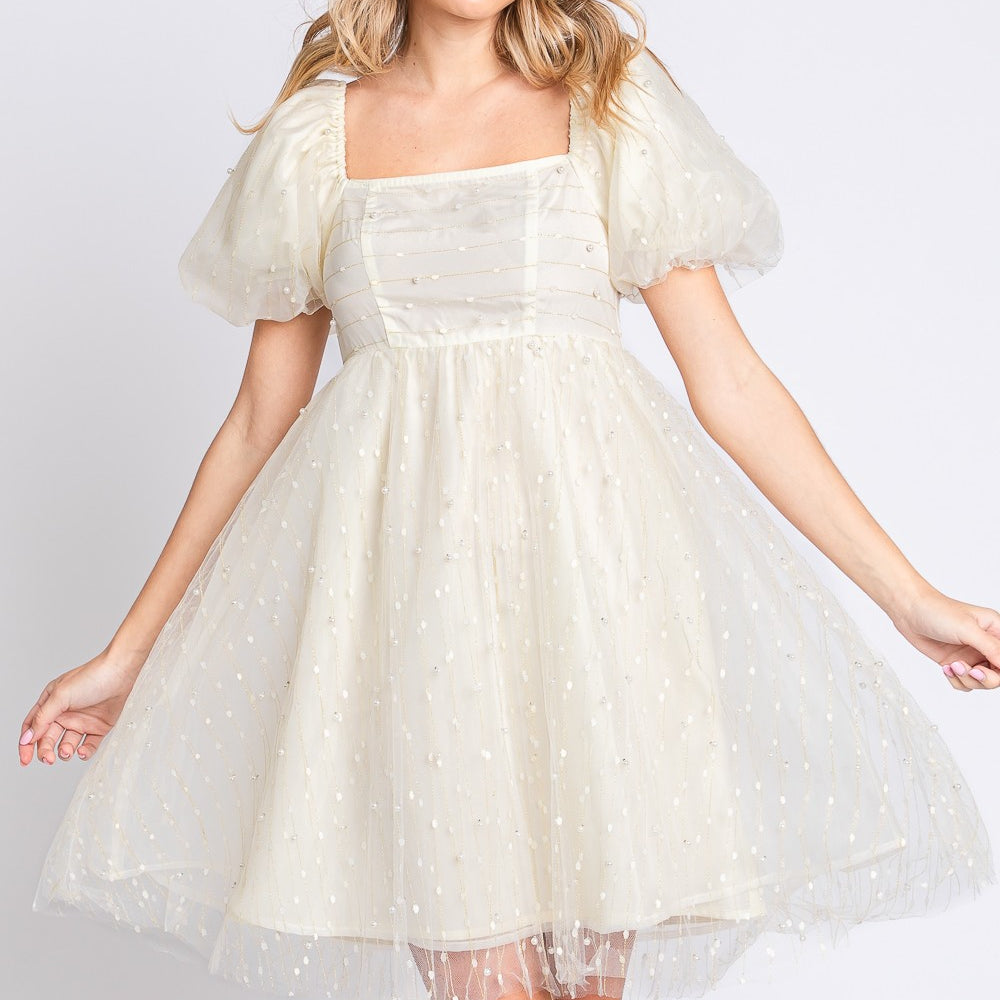 
                      
                        Pearl Mesh Puff Sleeve Babydoll Dress
                      
                    