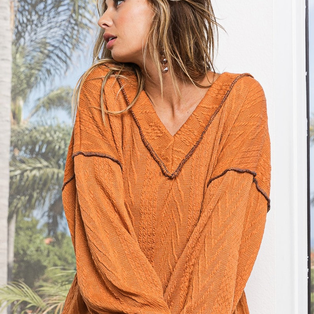 
                      
                        Textured Exposed Seam Drop Shoulder Knit Top
                      
                    