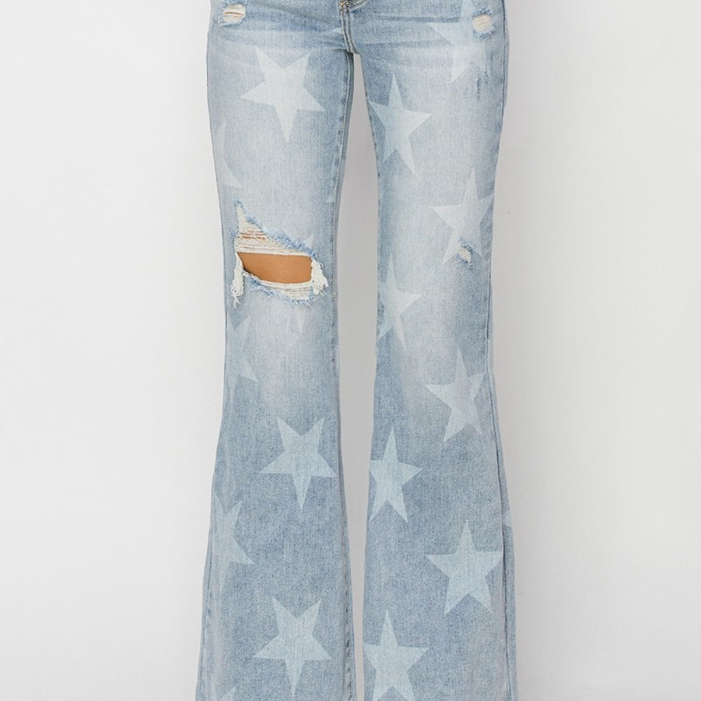 
                      
                        RISEN Mid Rise Button Fly Start Print Flare Jeans
                      
                    