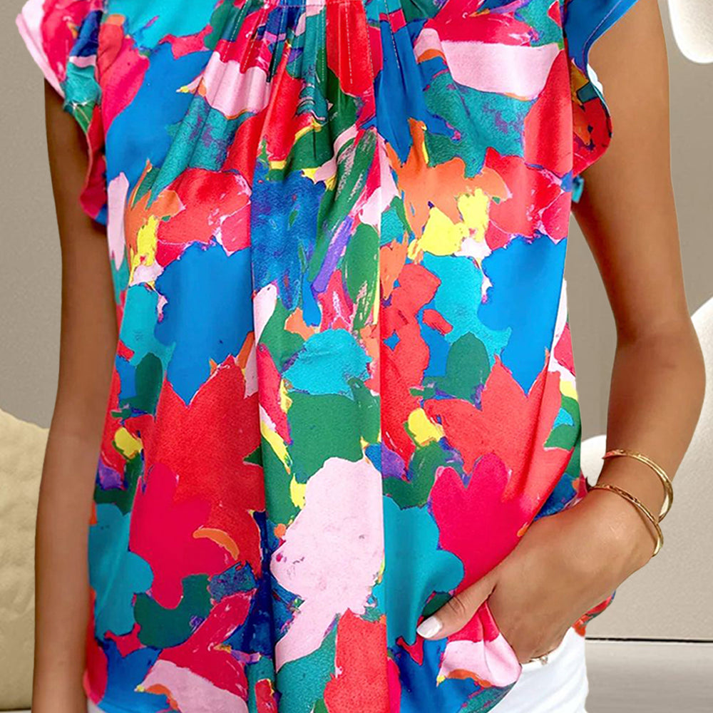 Ruffled Abstract Print Round Neck Cap Sleeve Blouse