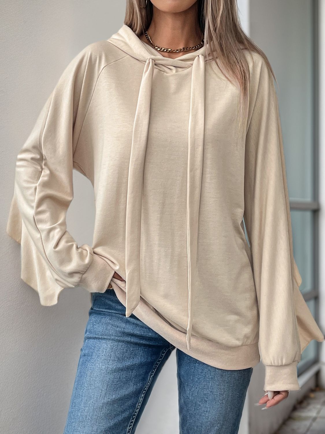 Drawstring Ruffled Long Sleeve Hoodie