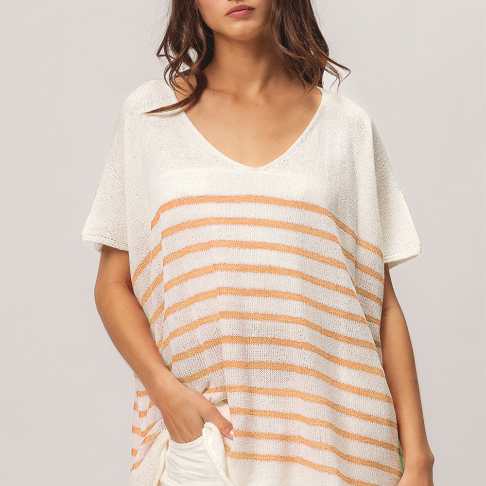 
                      
                        V Neck Striped Short Sleeve Top
                      
                    