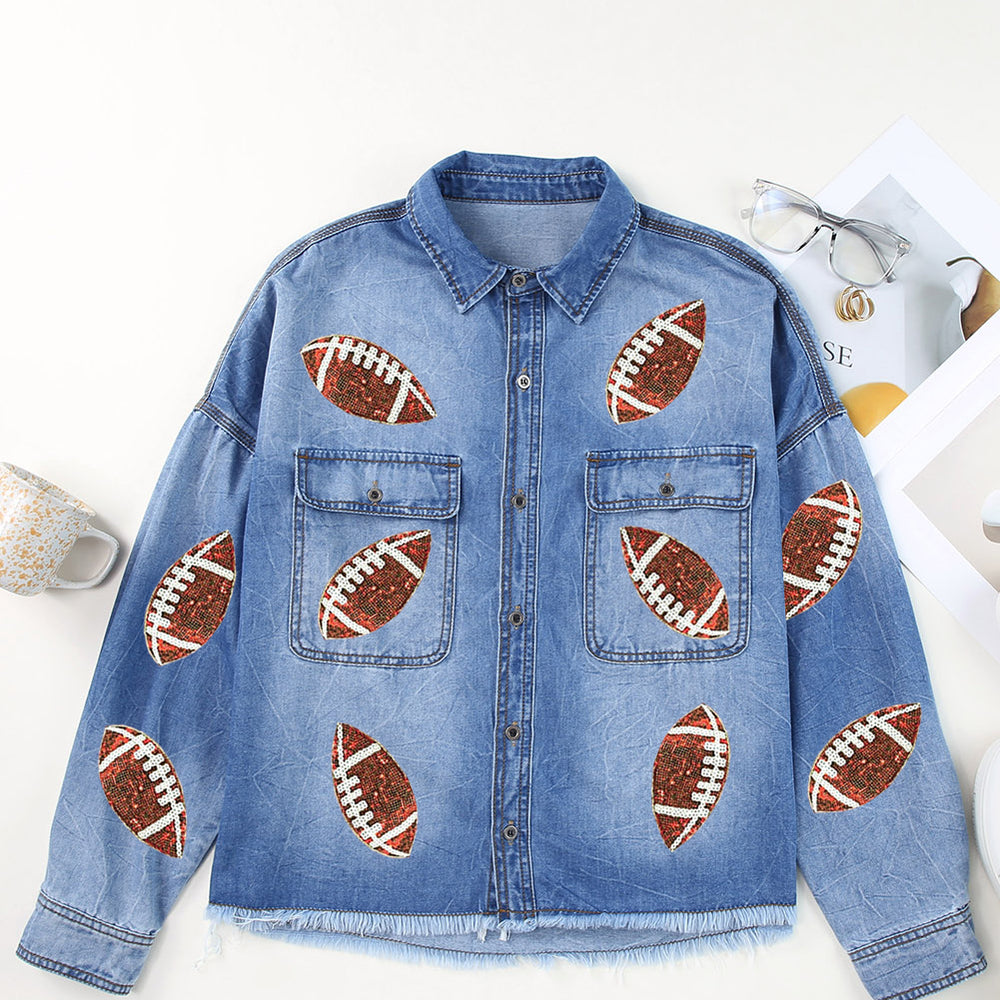 
                      
                        Raw Hem Sequin Football Long Sleeve Denim Jacket
                      
                    