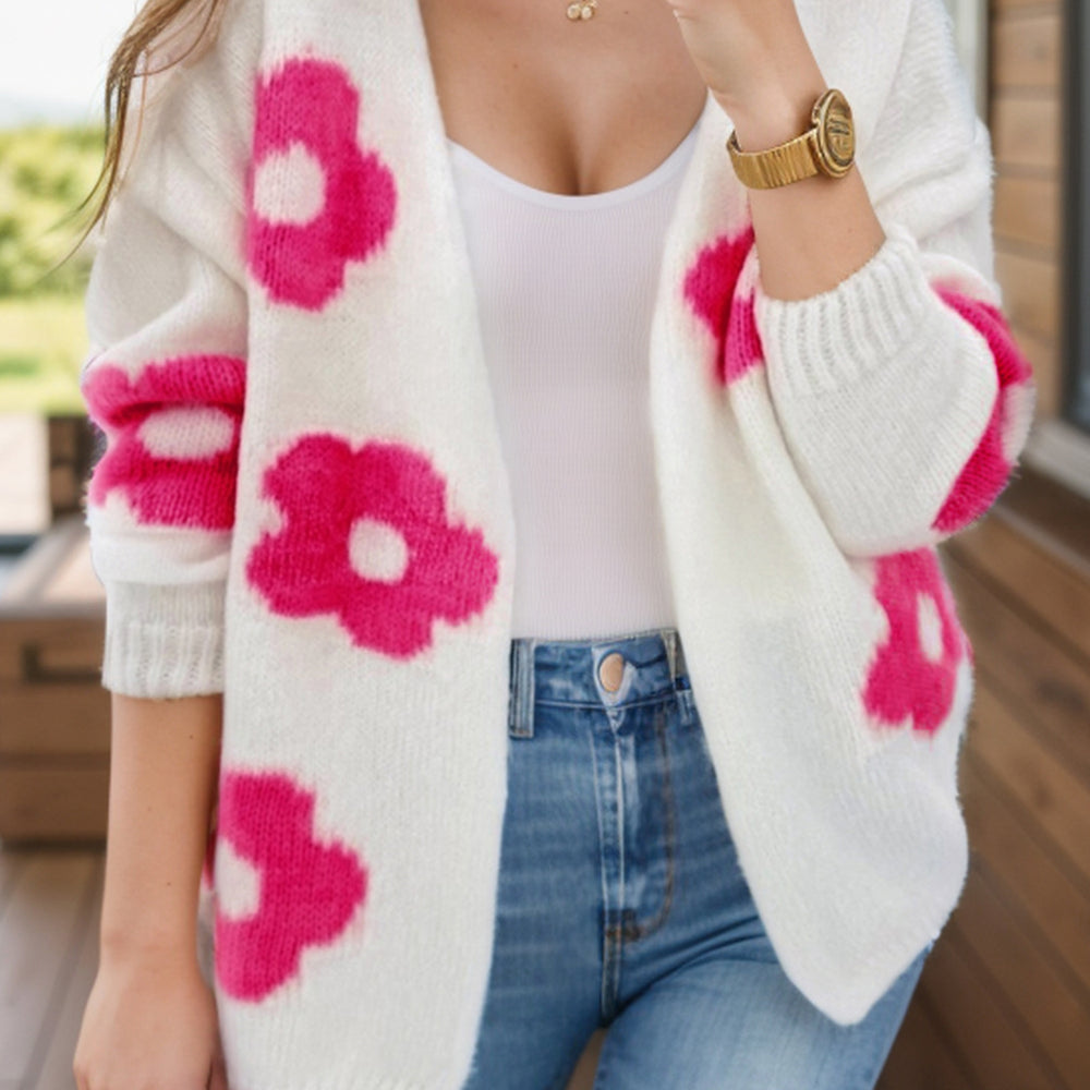 Flower Open Front Long Sleeve Cardigan