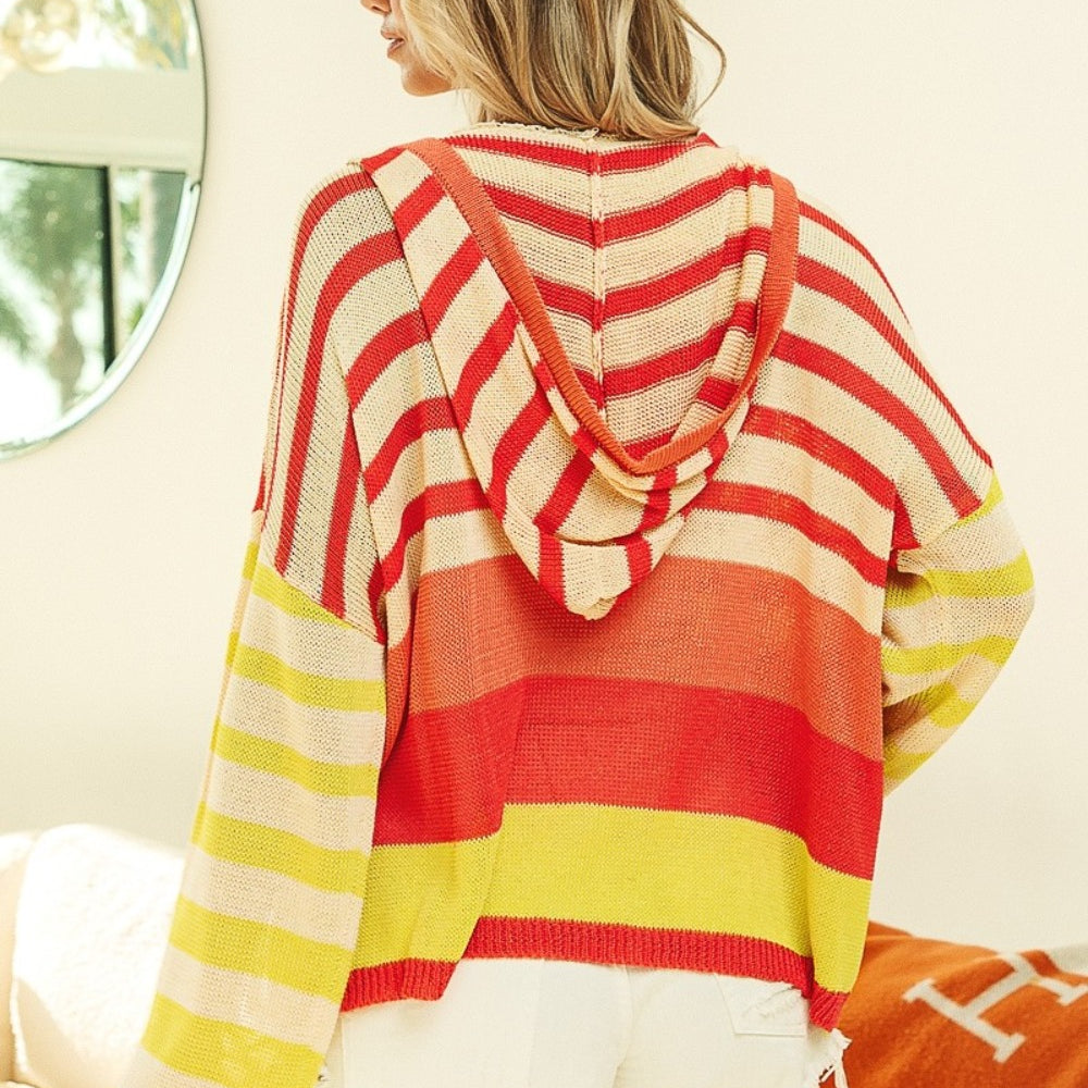 Striped Color Block Hooded Knit Top