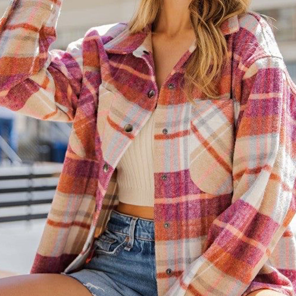 Snap Up Plaid Collared Neck Jacket with Pocket