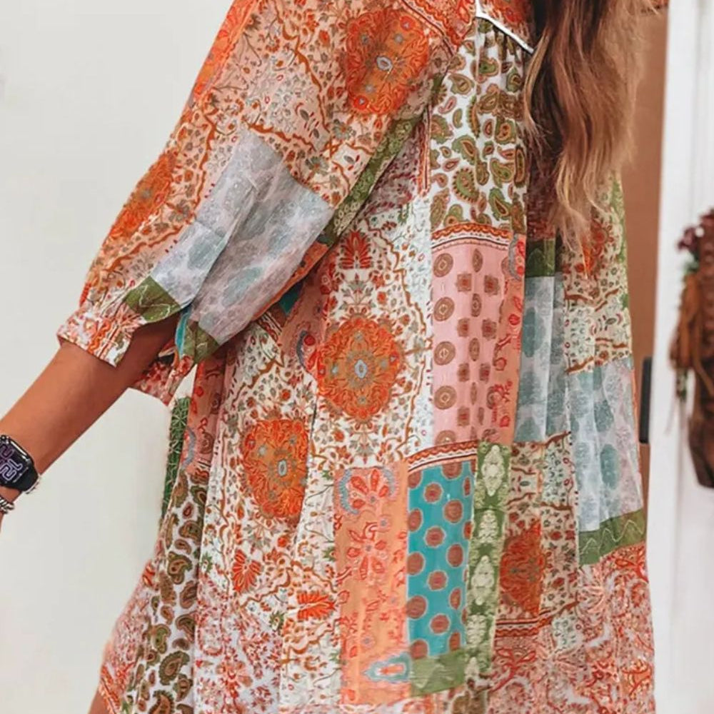 Tassel Printed Three-Quarter Sleeve Mini Dress