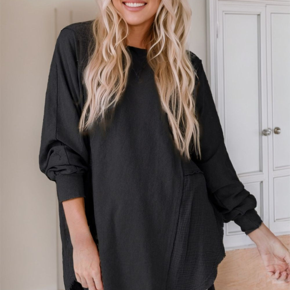 
                      
                        Contrast Texture Round Neck Long Sleeve Blouse
                      
                    